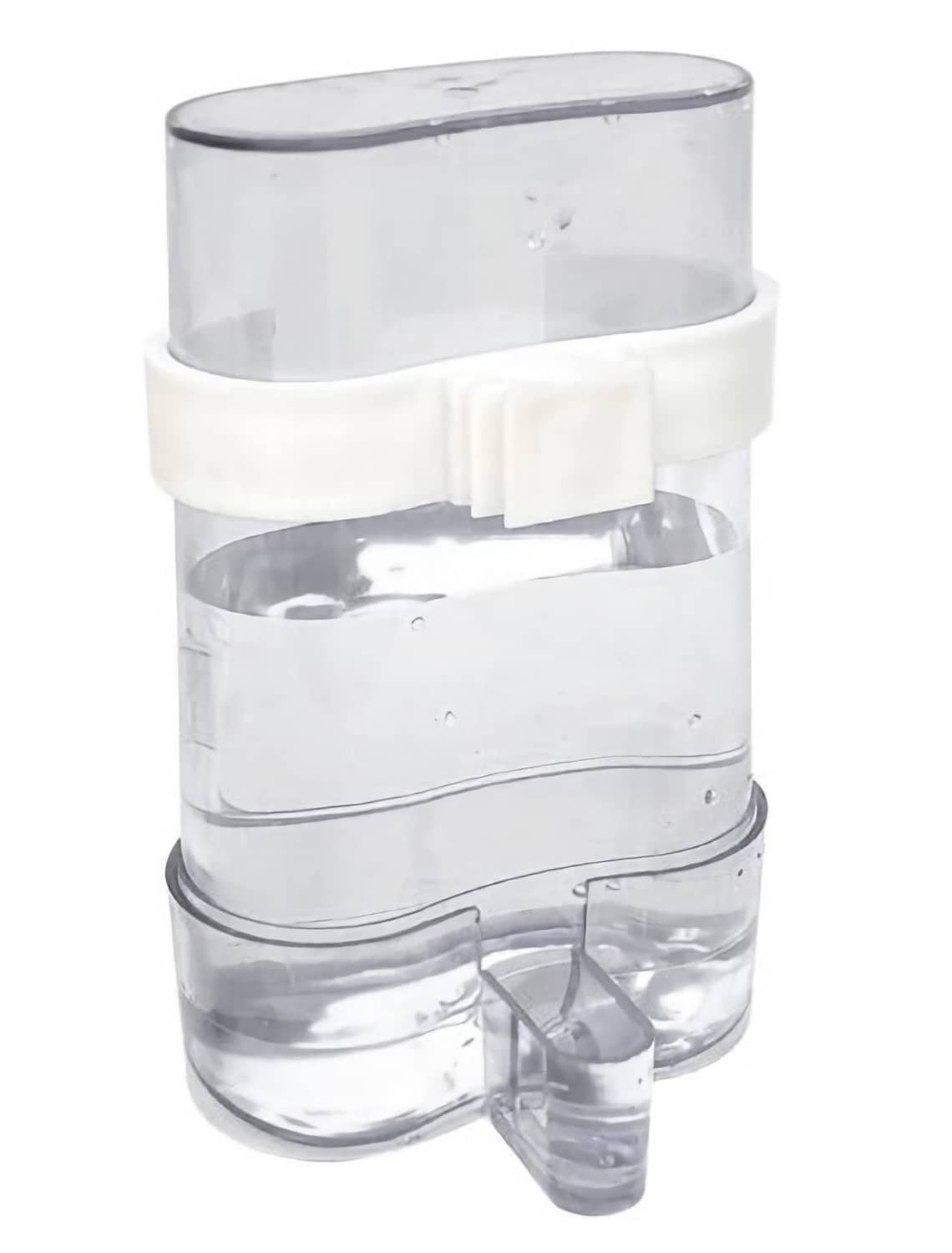 Clear automatic bird waterer with white bracket and side drinking outlet