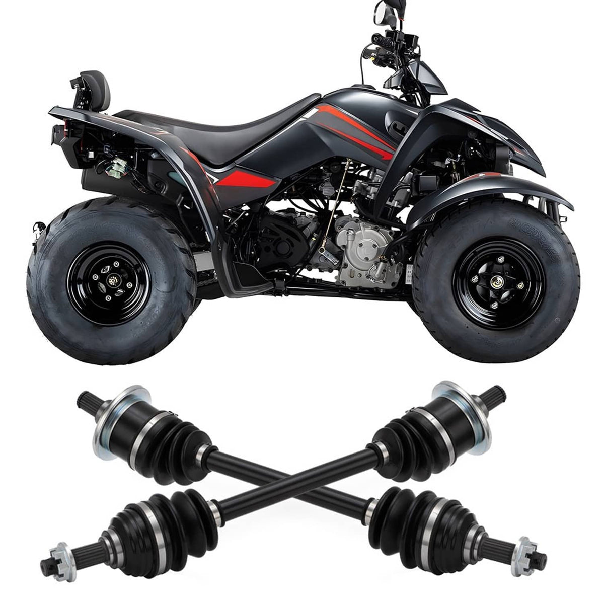 ATV CV joint axle shafts with black rubber boots and metal hubs, paired