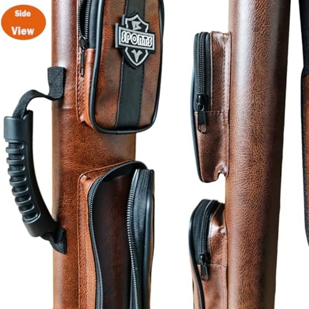 Brown pool cue case close-up with zip organizer pouches and interior end sleeves