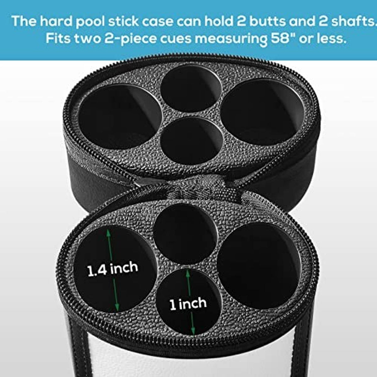 Hard oval pool cue case interior insert with four round cutouts for cue tips