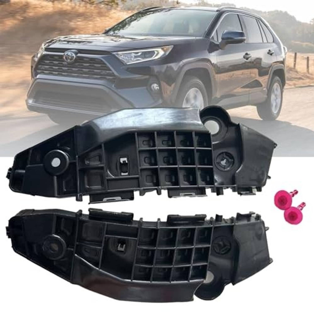 Black front bumper bracket pair with mounting tabs and holes, plastic housings