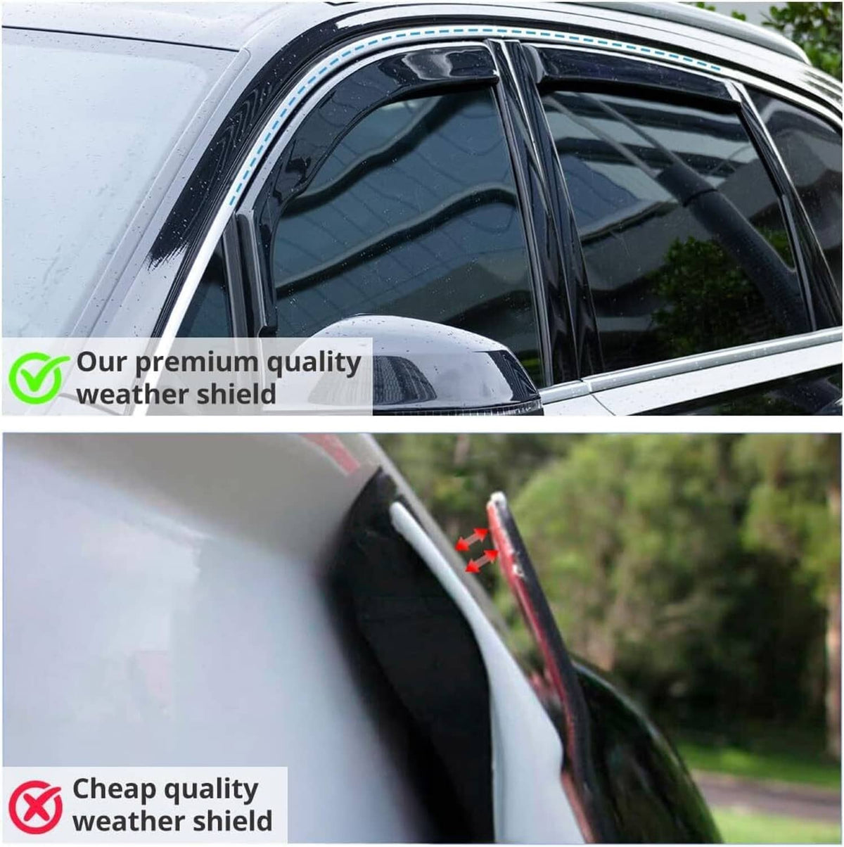 Close-up of glossy black window visor edge on a car side window