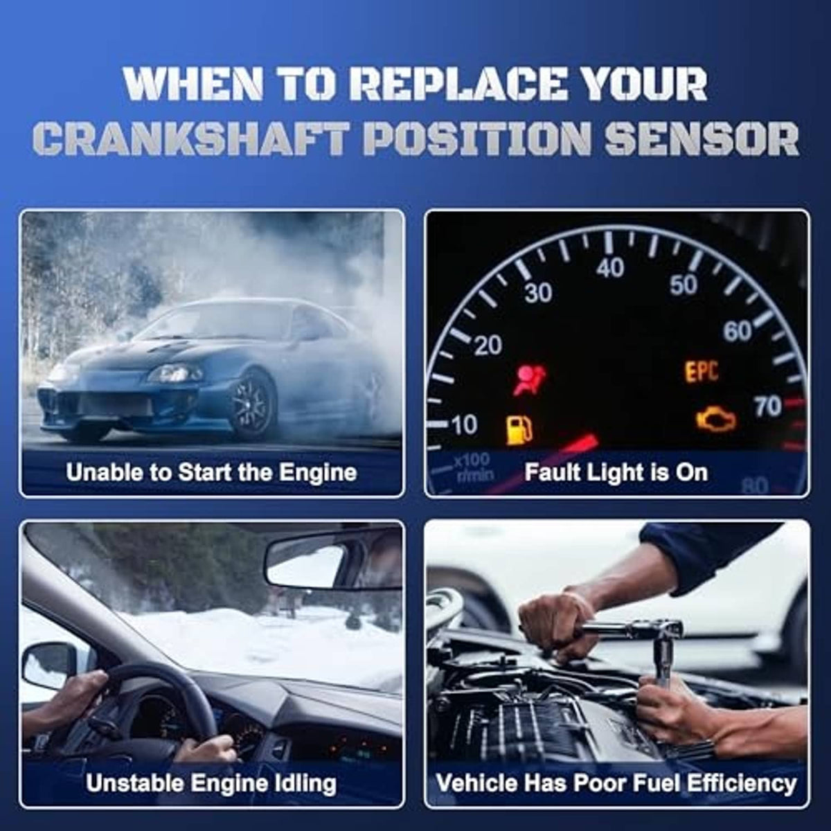 Crankshaft position sensor with black connector and silver tip on a product card