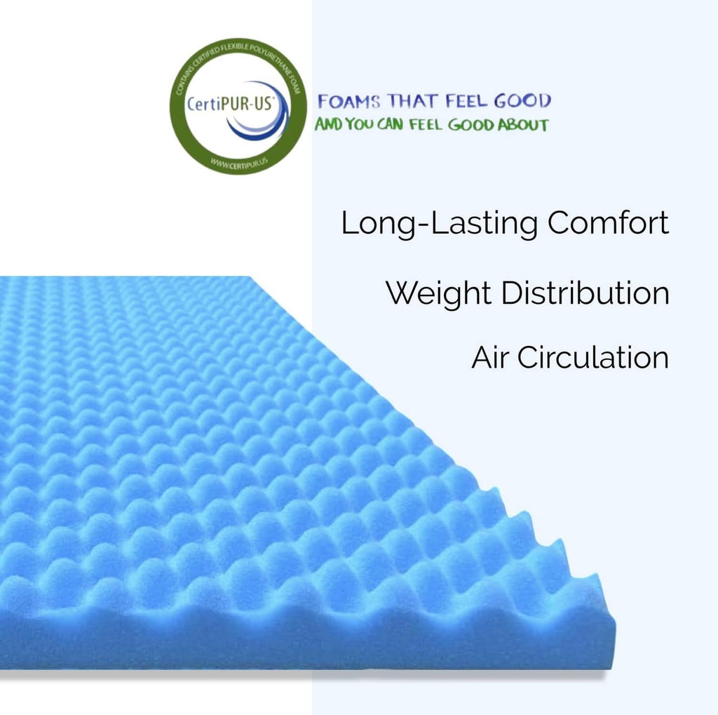 Blue egg-crate foam mattress topper corner with airflow bubble pattern