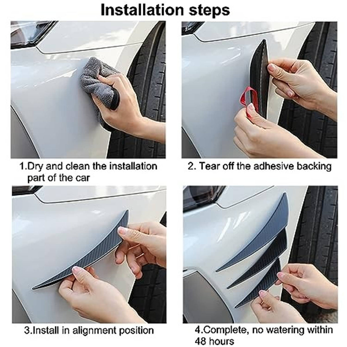 Hands installing front bumper canard spoiler fins, aligning and pressing adhesive backing