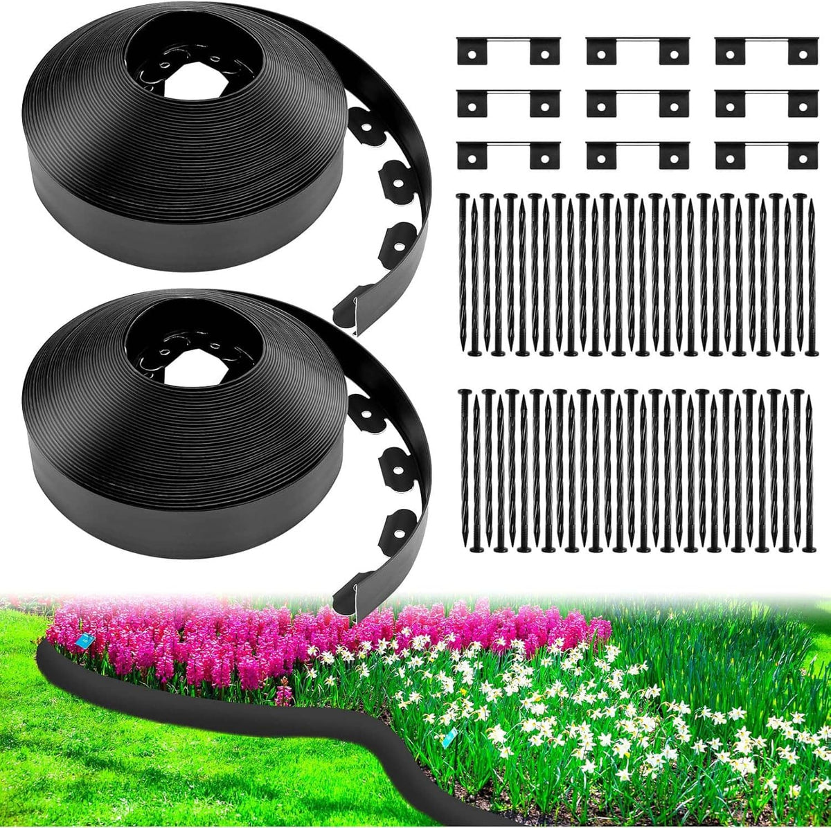 Black landscape edging border coil with anchoring spikes and connectors for yard gardens.