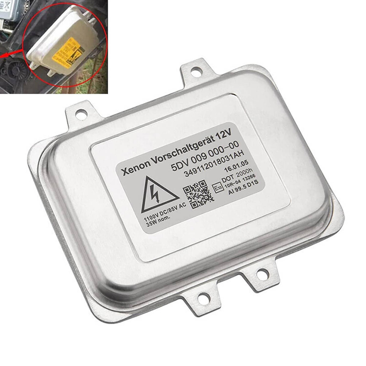 Xenon headlight ballast control unit, front label on silver metal casing