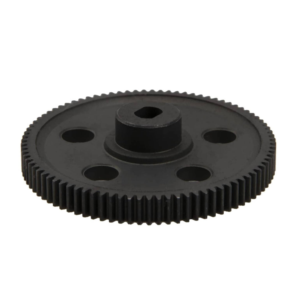 Black spur gear side view with gear teeth ring and central hex recess