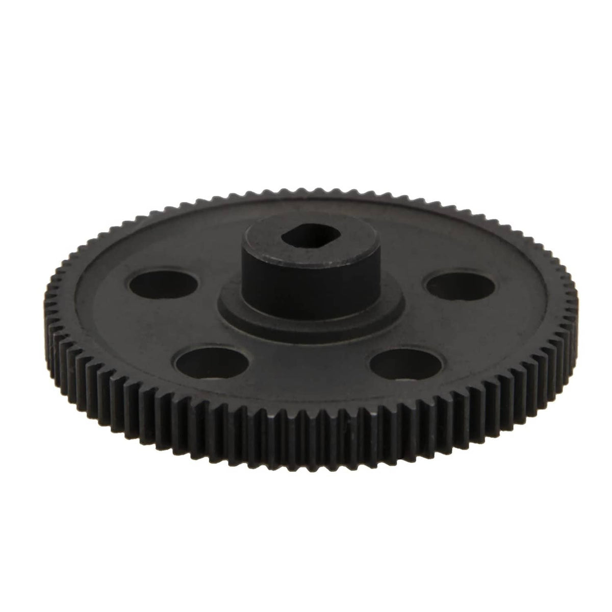 Black spur gear side view with gear teeth ring and central hex recess