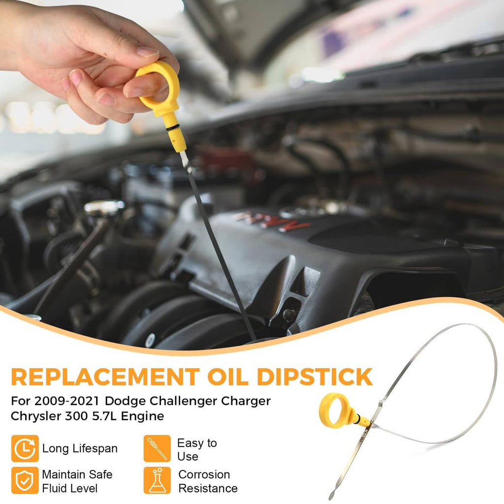 Engine oil dipstick being inserted, yellow handle with metal measuring rod