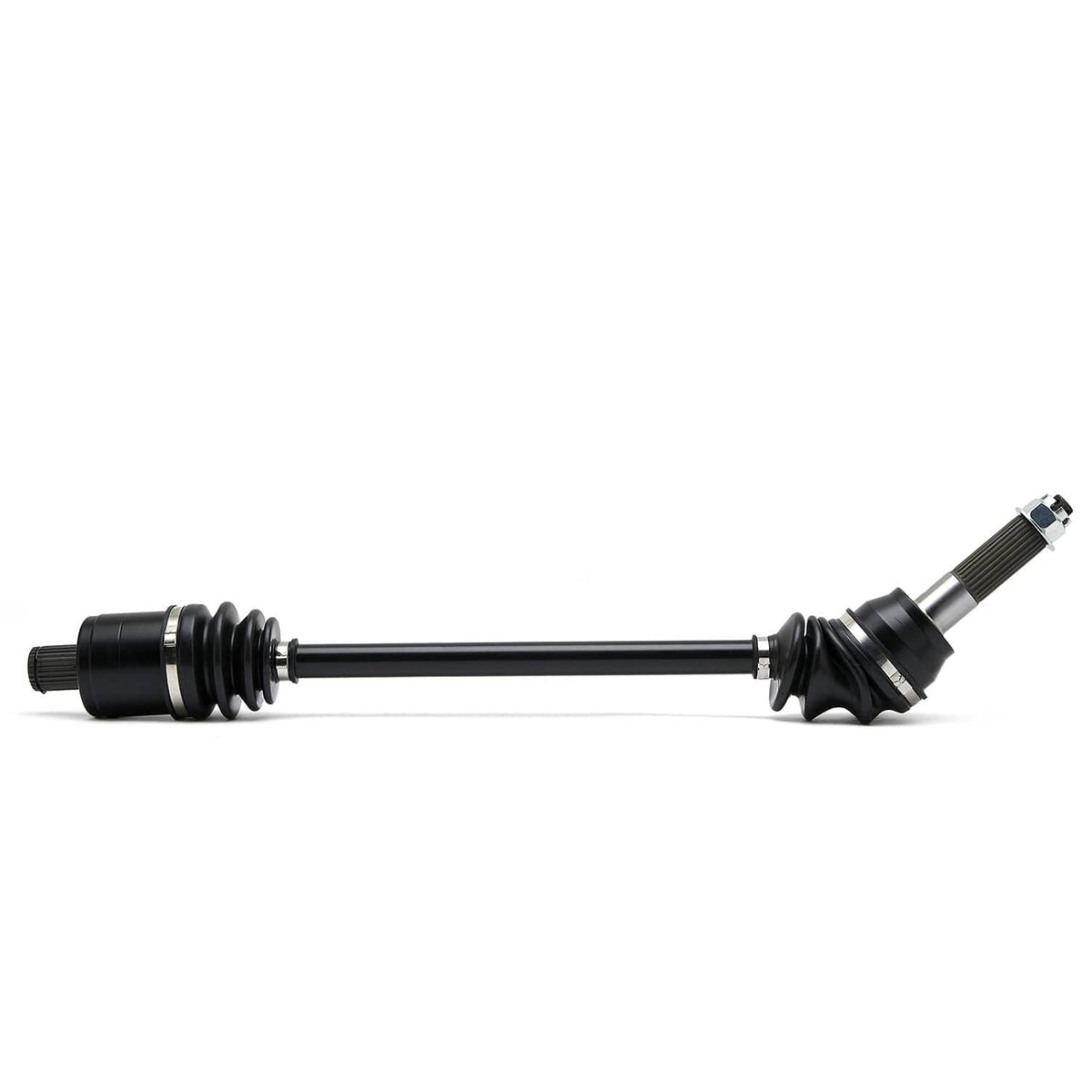 Rear CV axle drive shaft with rubber boots and splined ends, black and silver