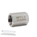 Stainless steel hex coupling with NPT 1/2 threads and SUS304 marking, silver finish