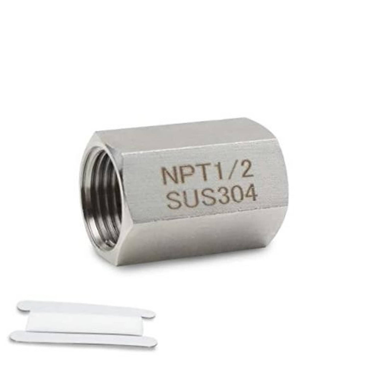 Stainless steel hex coupling with NPT 1/2 threads and SUS304 marking, silver finish