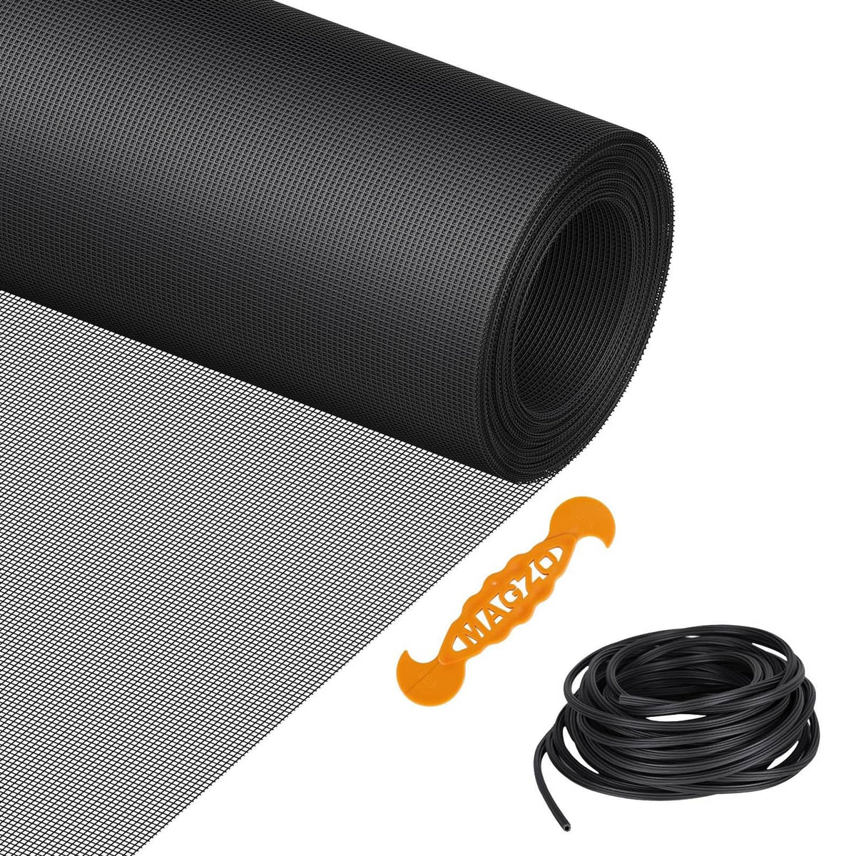 Black window screen mesh roll with installation spline and tool
