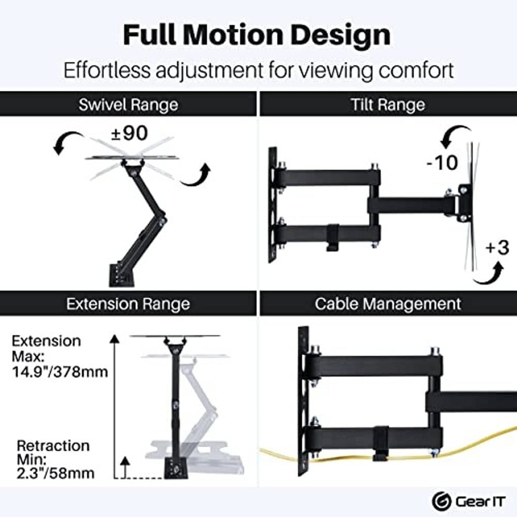 Full motion TV wall mount diagram showing swivel, tilt ranges, and cable management