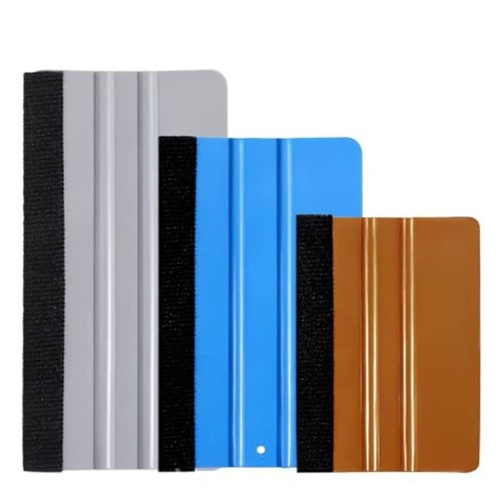 Vinyl wrap squeegee set with felt edges, three color pads: gray, blue, and orange