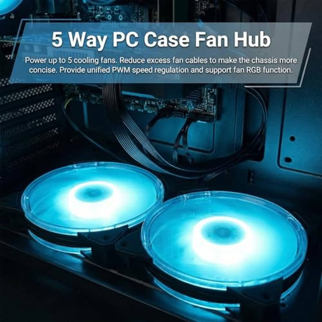 PC fan hub controlling multiple cooling fans with visible fan LEDs