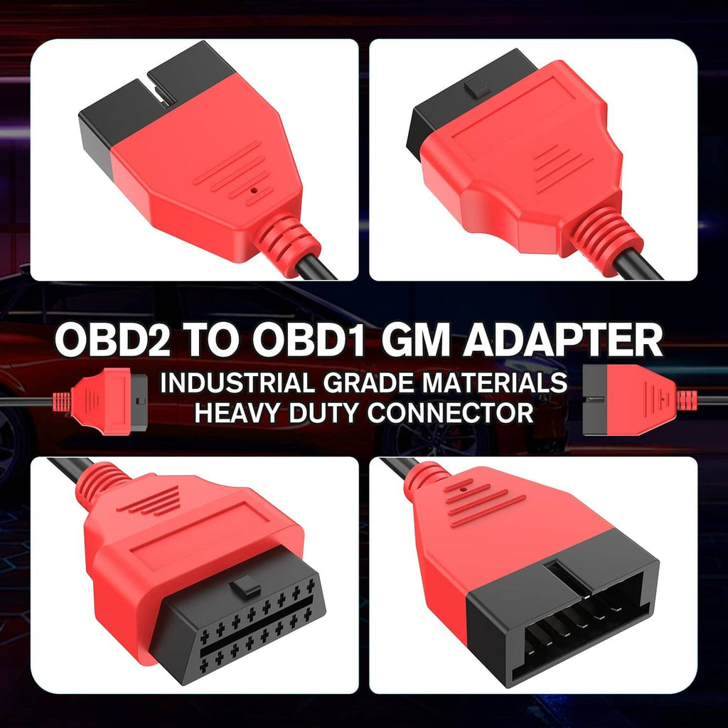 Red OBD2 to OBD1 GM adapter connector with multiple pin sockets and black cable