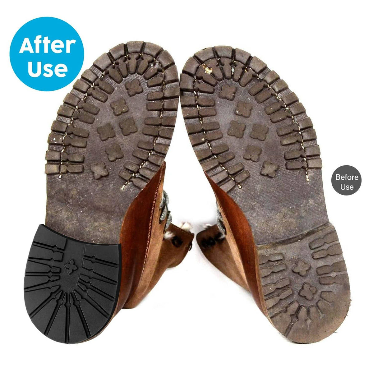 Boot heel replacement pads after use, showing textured tread on dark sole