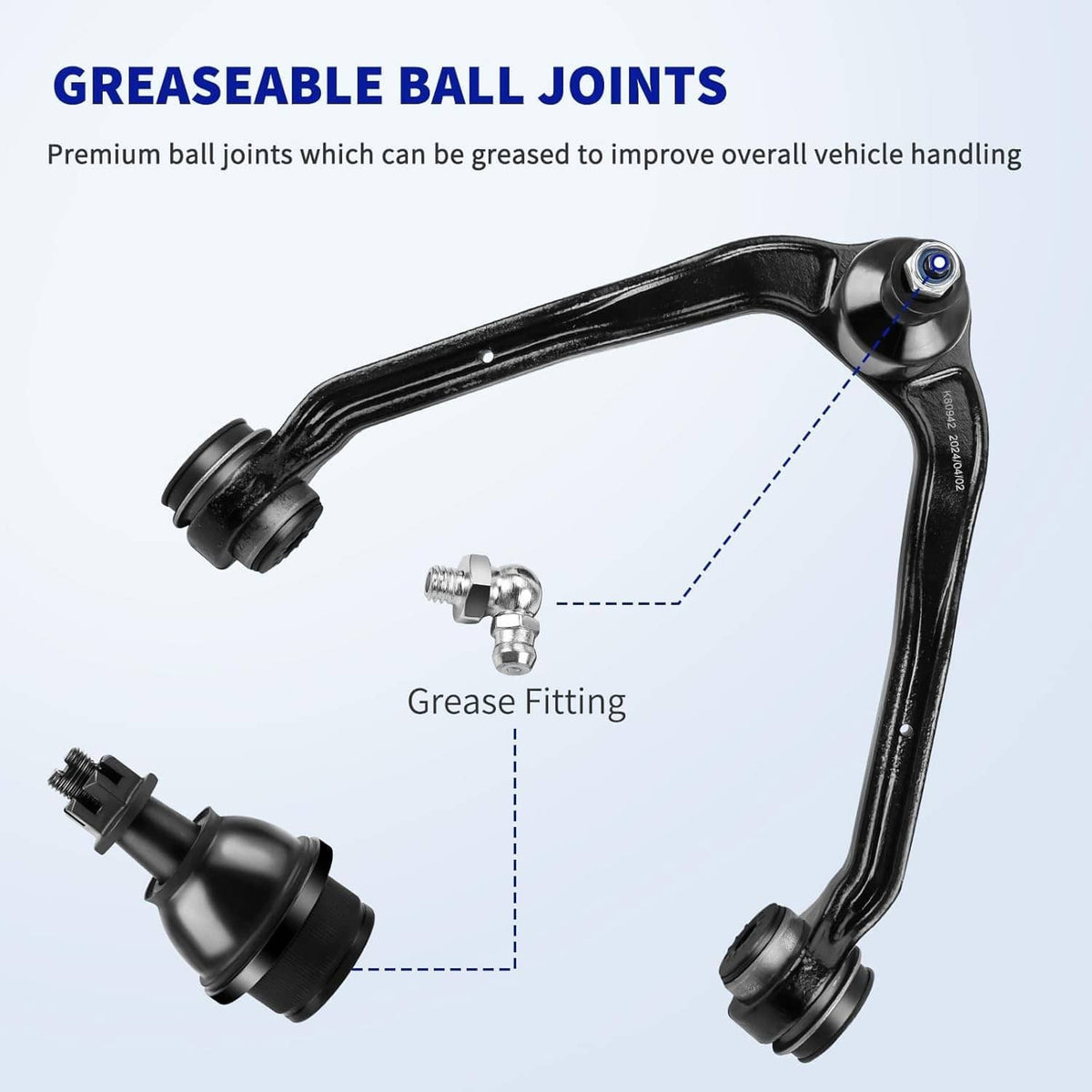 Greaseable ball joint control arm assembly with black arm and threaded grease fitting