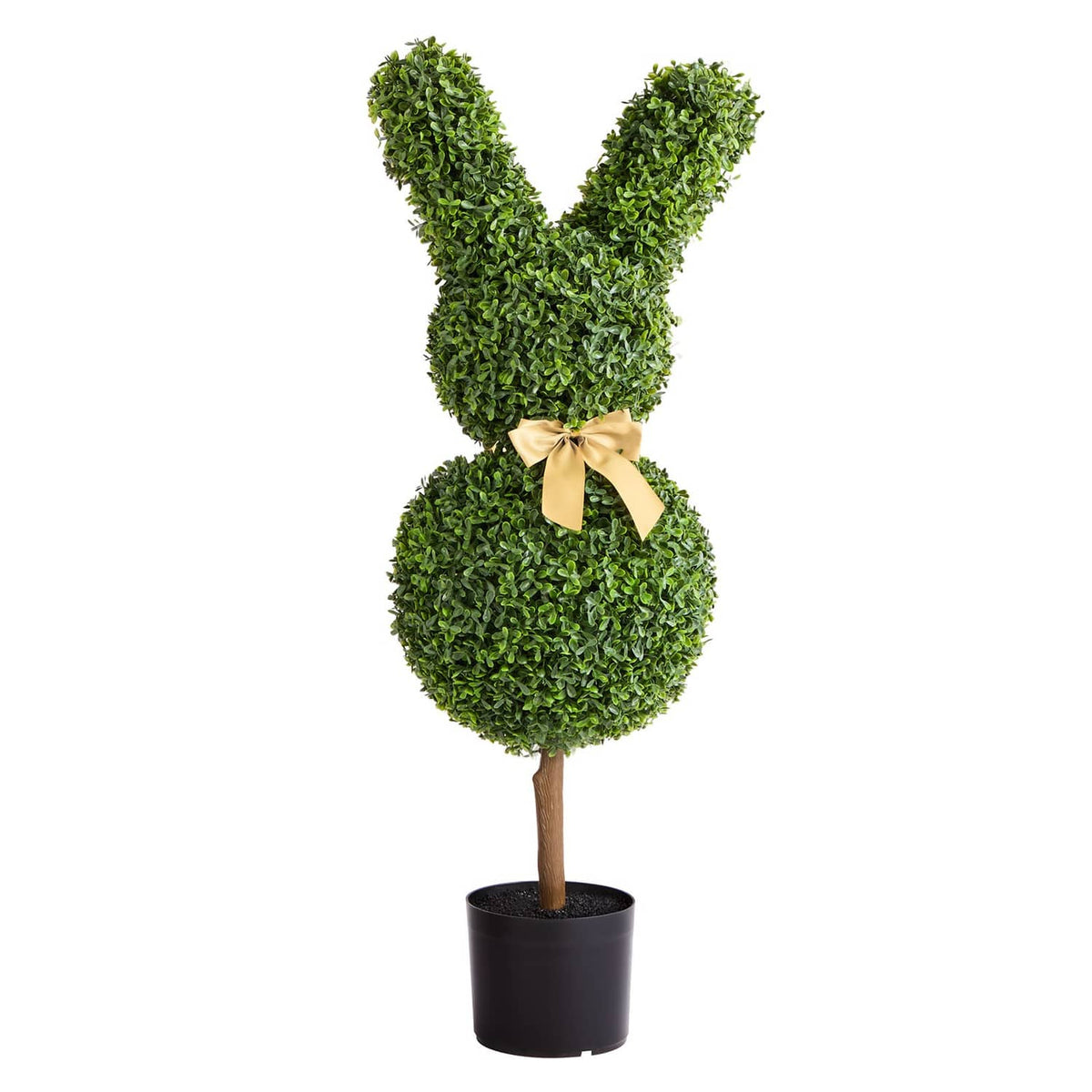 Single bunny-shaped boxwood topiary with green foliage, yellow bow, and black pot.