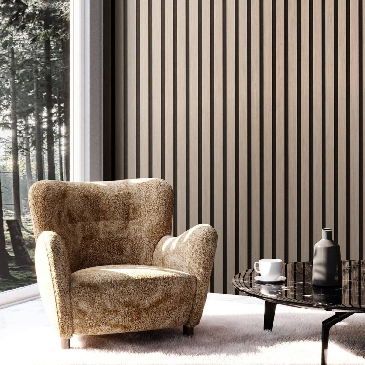 Wood slat acoustic panel with vertical dark and silver stripes behind seating