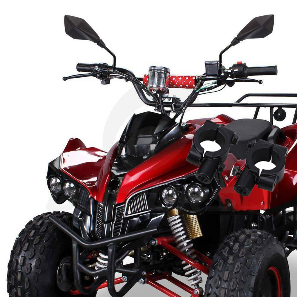 Handlebar-mounted ATV rear side view mirrors on a red off-road vehicle