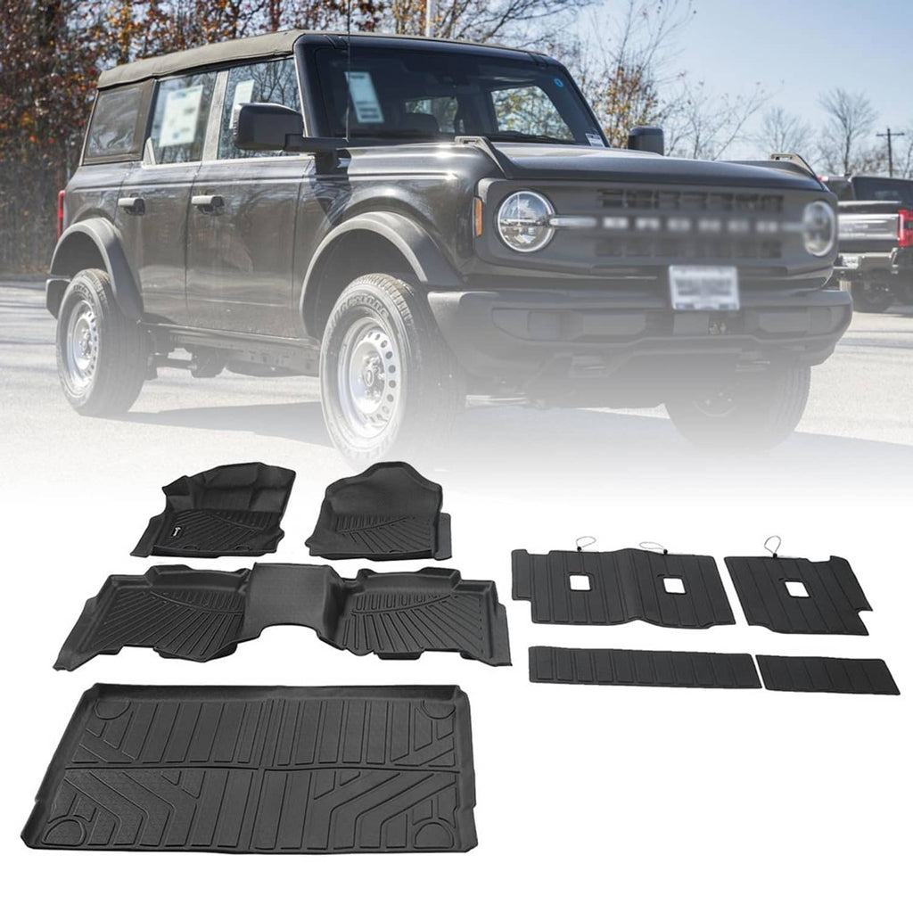 All-weather vehicle floor mat set with cargo liner, black rubber with raised channels