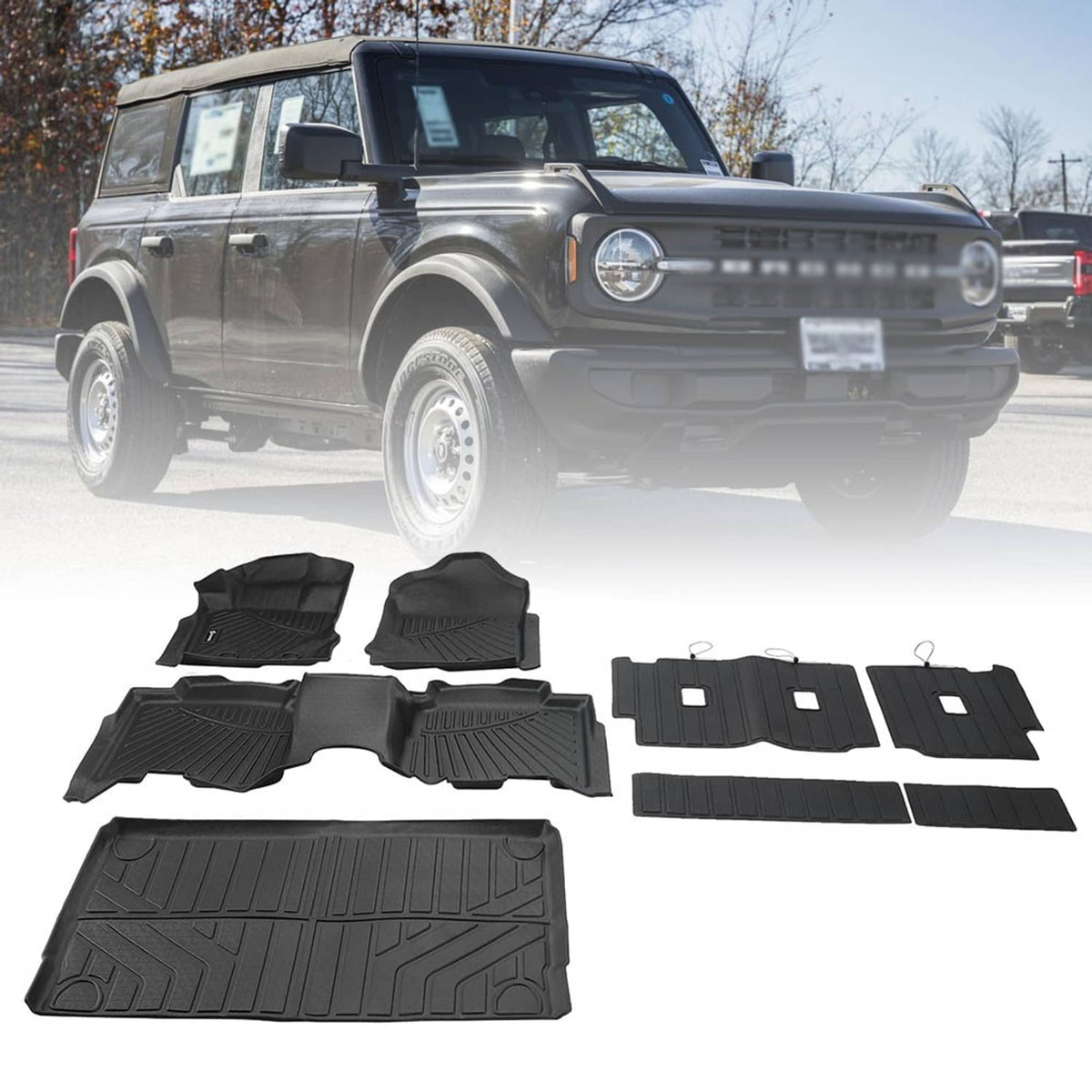 All-weather vehicle floor mat set with cargo liner, black rubber with raised channels