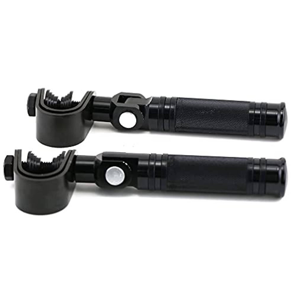 Black foldable highway pegs with textured grips and bracket clamps on mounting plates