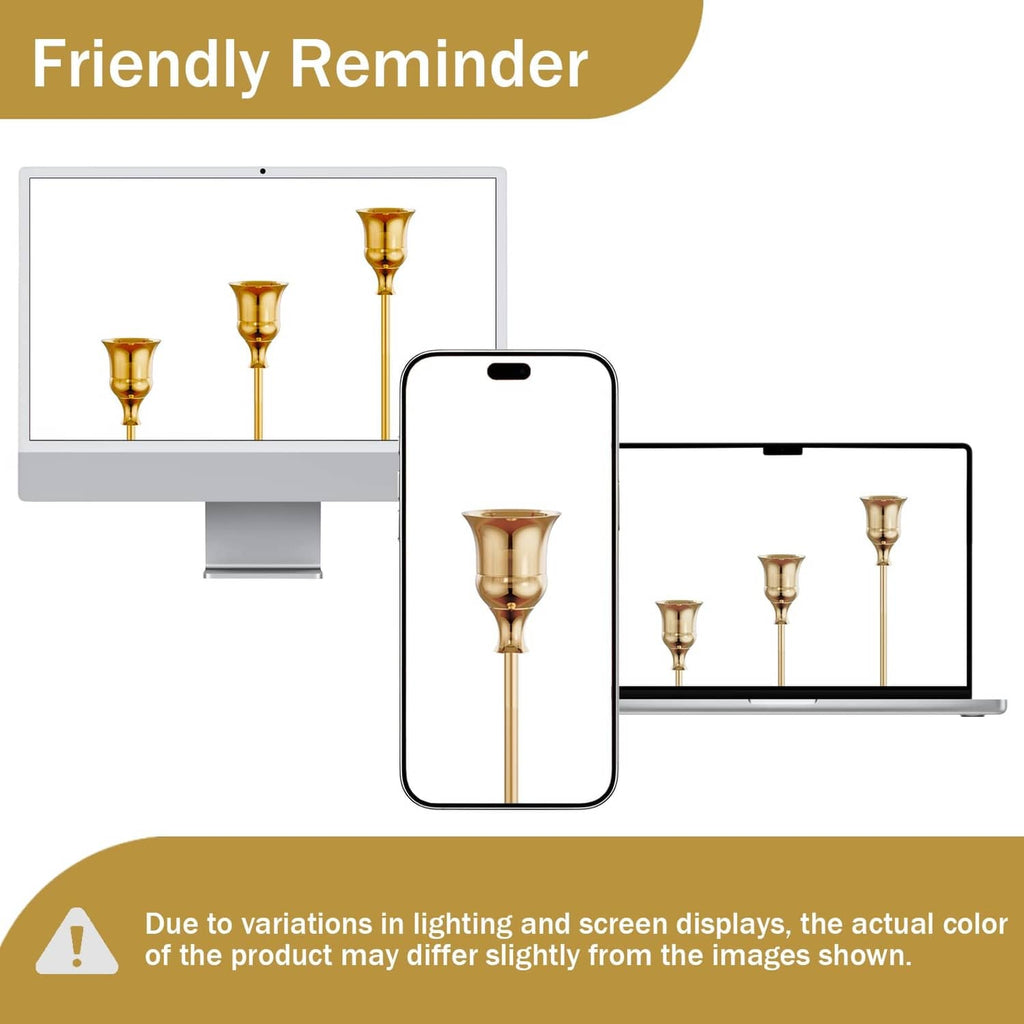 Brass gold candle holder set of six shown with a close-up of the tall stem