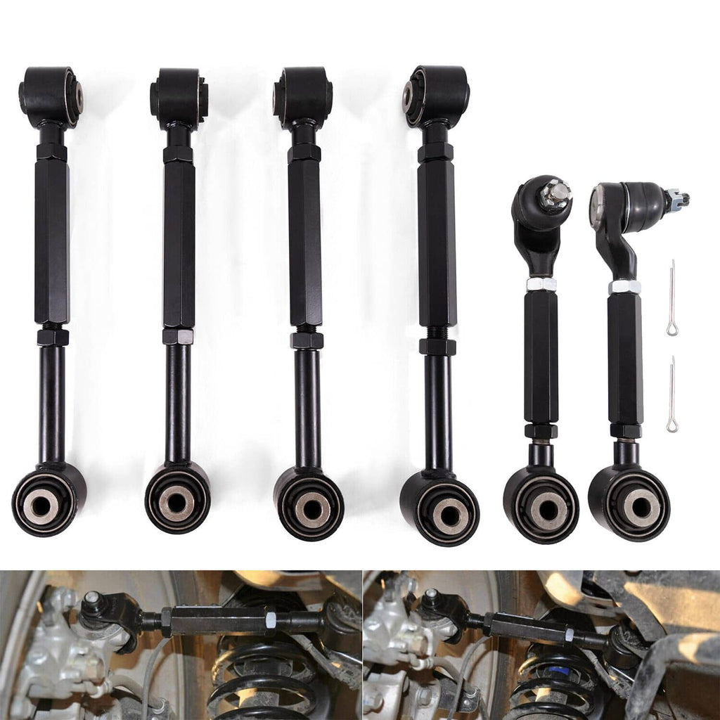 Set of black rear upper and lower control toe camber arms with bushings and link ends