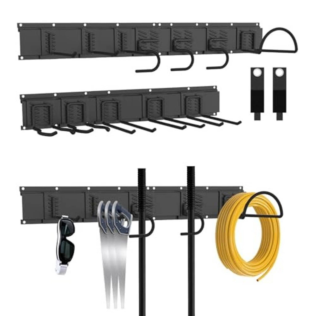 Black tool organizer wall rail with hooks plus a yellow hose or cord holder