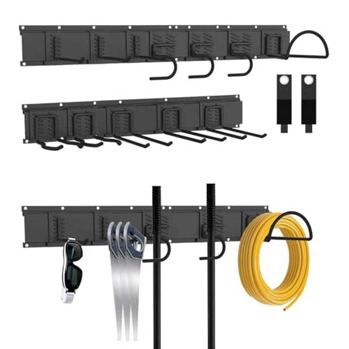 Black tool organizer wall rail with hooks plus a yellow hose or cord holder