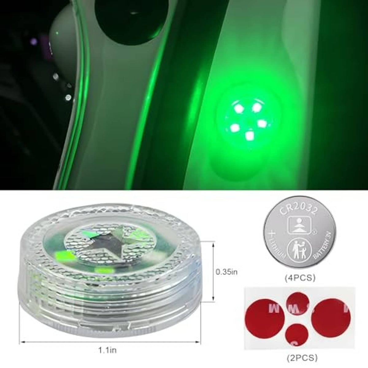 Round clear green LED door warning light with CR2032 battery icon and red mounting stickers