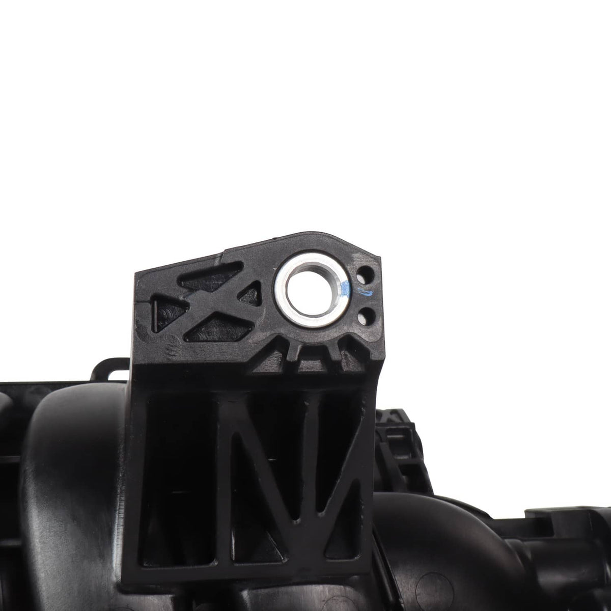 Air intake manifold bracket detail with round hole on black plastic housing