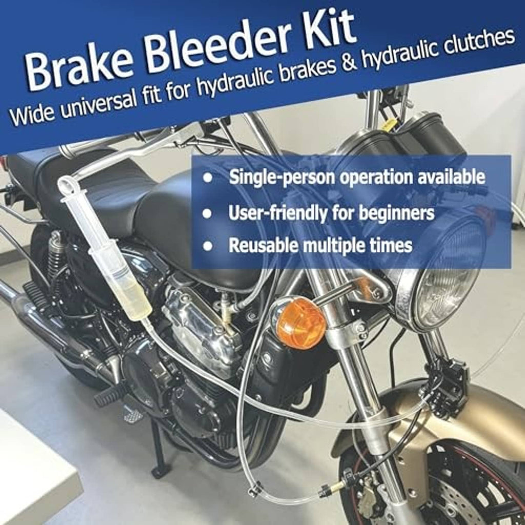 Hydraulic brake bleeding kit connected on a motorcycle with tubing and syringe line.