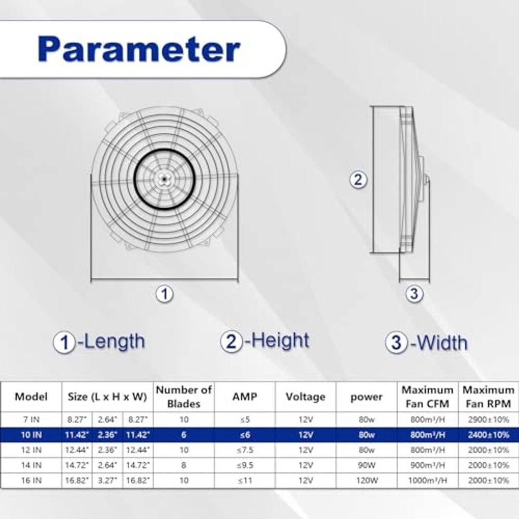 10-inch electric cooling fan dimensions diagram with width, height, length, and specs chart