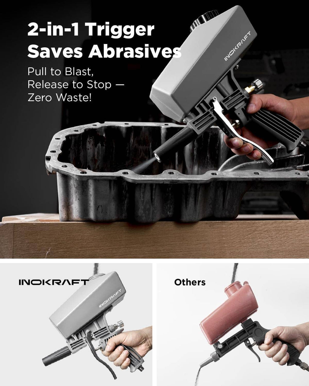 2-in-1 sand blaster gun with trigger control and multiple included nozzle parts