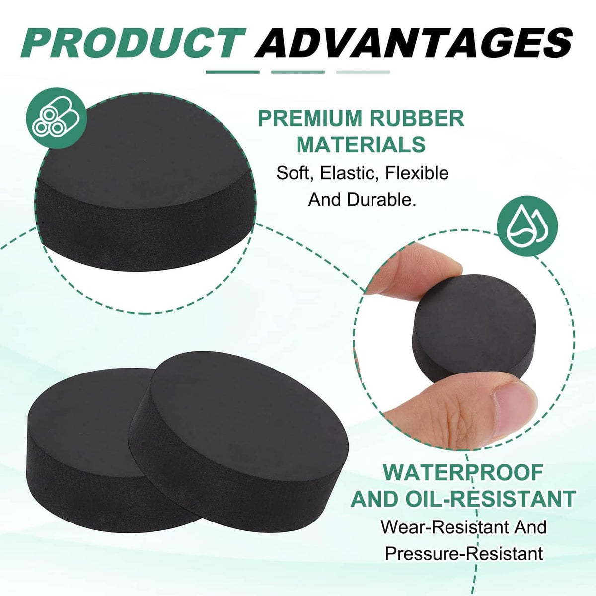 Hand holding a black round non-slip furniture pad with textured underside