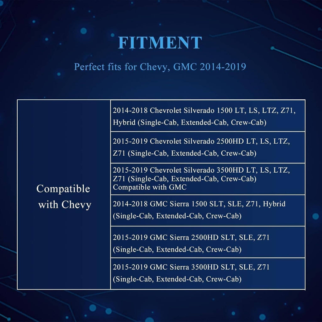 Seat cover fitment chart for compatible Chevy GMC models 2014–2019