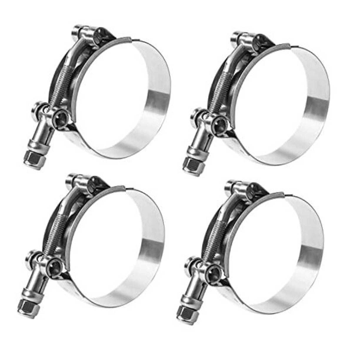 Stainless steel T-bolt hose clamp with black T-head and socket screw, side view
