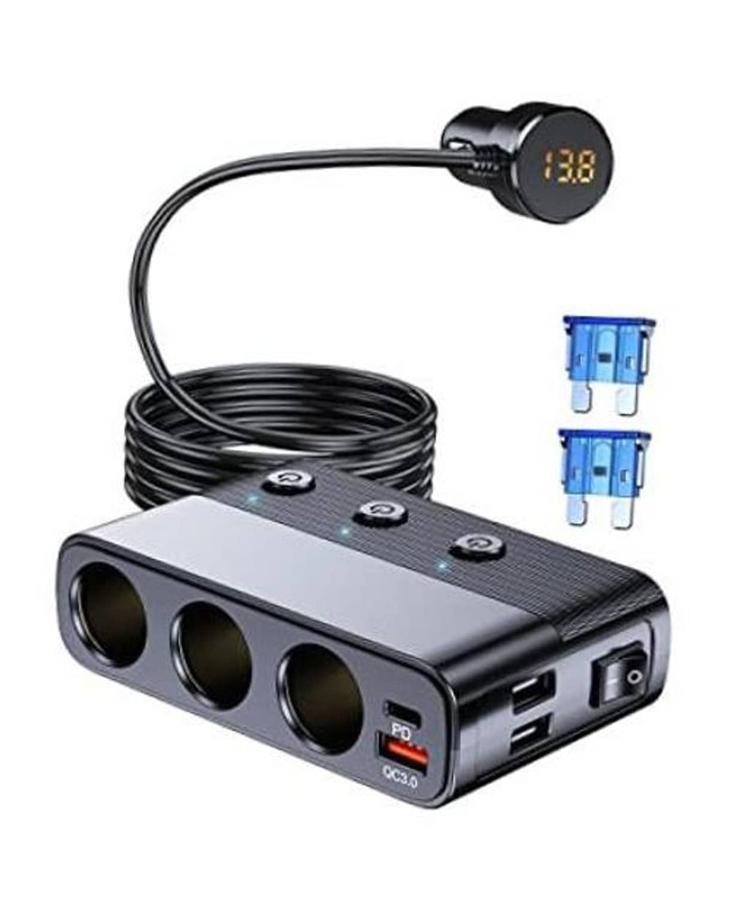 3-socket car cigarette lighter splitter adapter with Type-C and USB ports, black cable