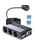 3-socket car cigarette lighter splitter adapter with Type-C and USB ports, black cable