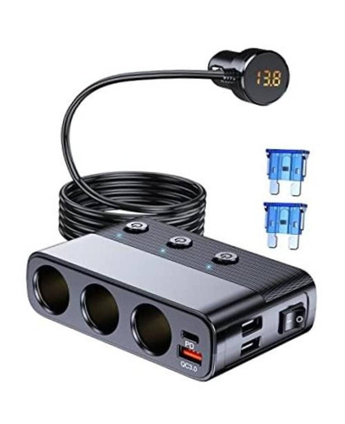 3-socket car cigarette lighter splitter adapter with Type-C and USB ports, black cable