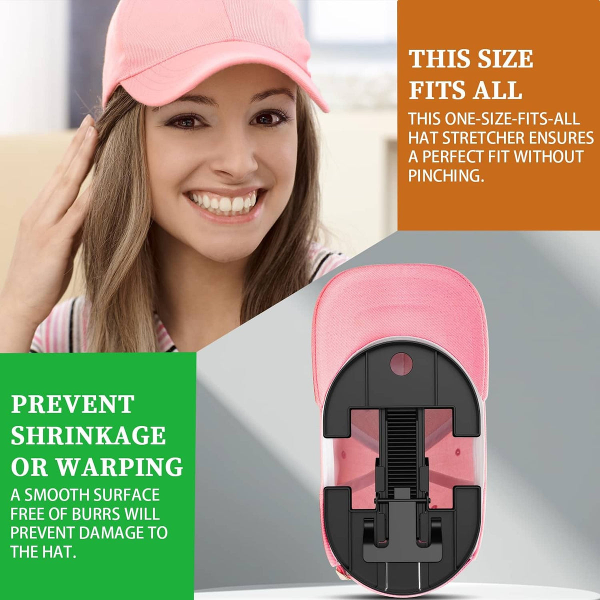 Pink hat stretcher insert with black expansion mechanism for restoring cap shape
