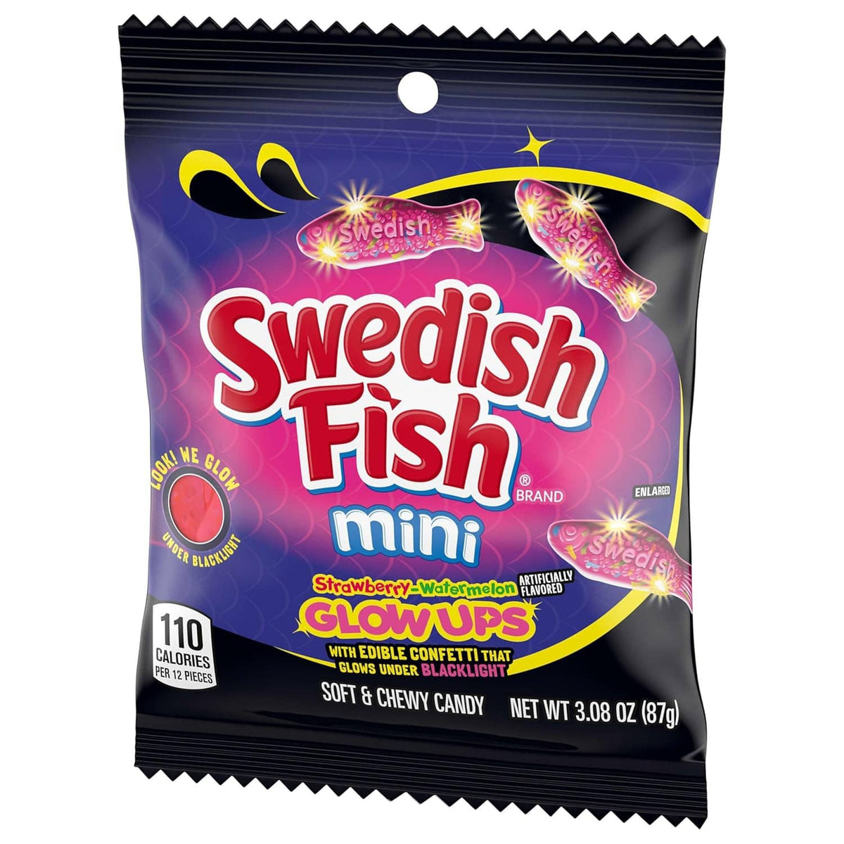 Swedish Fish mini glow ups gummy candy bag, purple with strawberry-watermelon