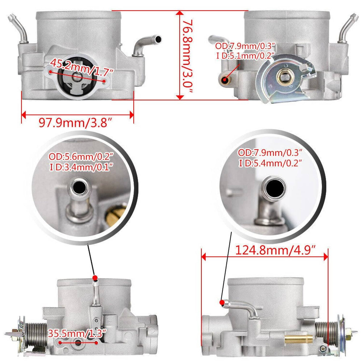 Throttle body with inlet and outlet ports, black sensor module, and mounting points