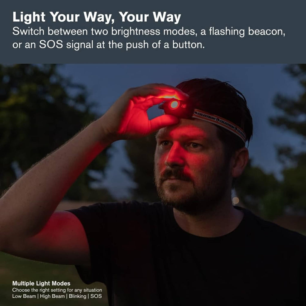 Night vision headlamp worn on head with red LED light