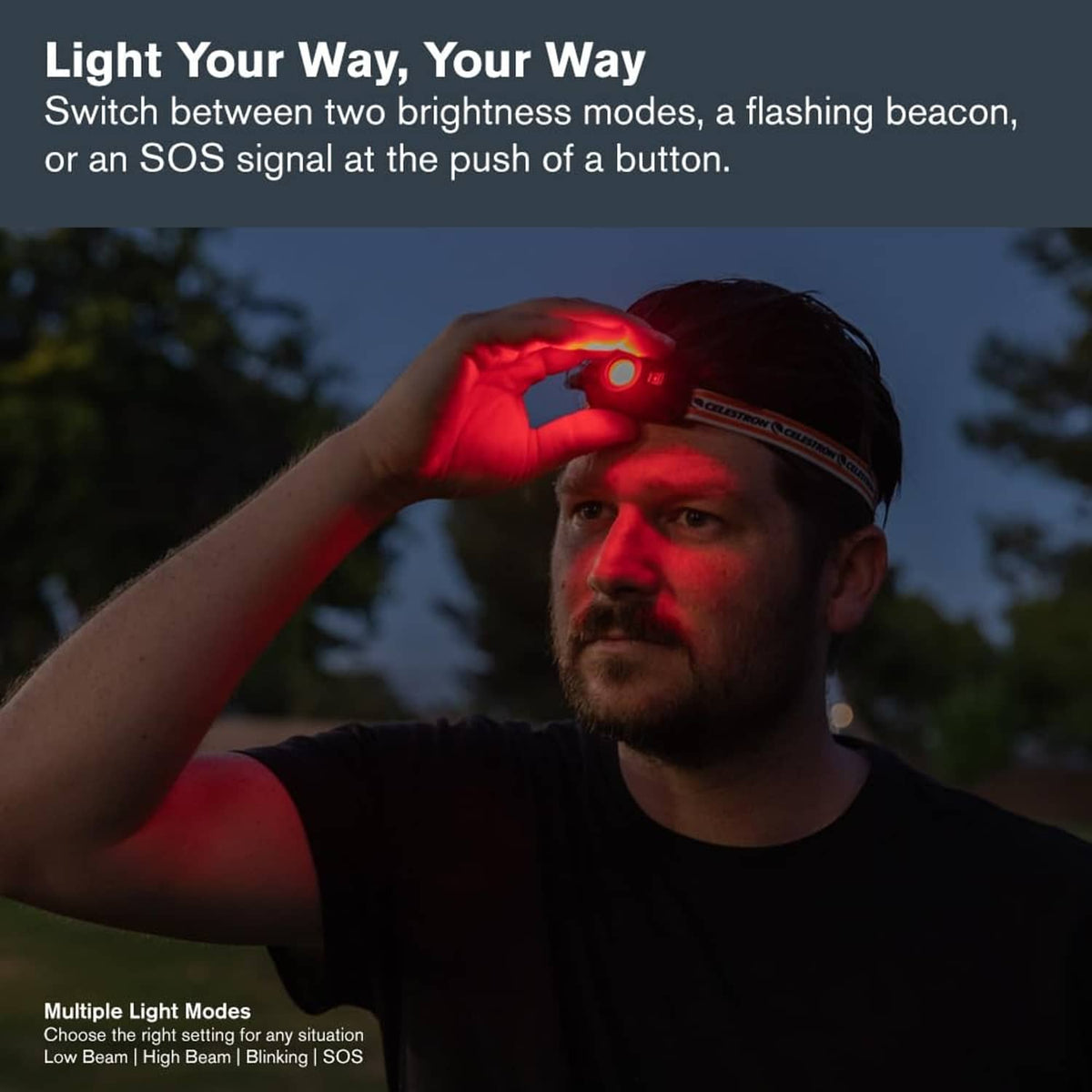 Night vision headlamp worn on head with red LED light